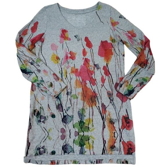Soft Surroundings ~Woman Size S~ Gray/Orange Floral Long Sleeve Tunic Side Slits - Picture 2 of 16